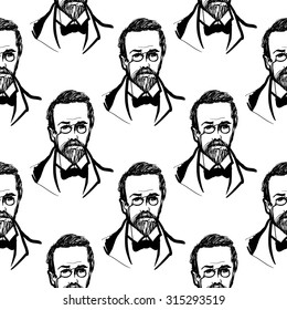 Background with hand drawing inky portraits of the great Russian writers: Chekhov. Vector seamless pattern. Ornament with a literary motif.