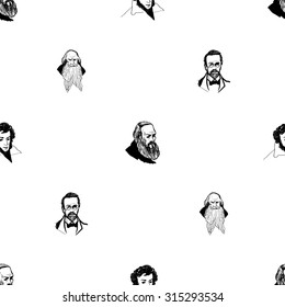Background with hand drawing inky portraits of the great Russian writers: Chekhov, Dostoevsky, Pushkin, Tolstoy. Vector seamless pattern. Ornament with a literary motif.