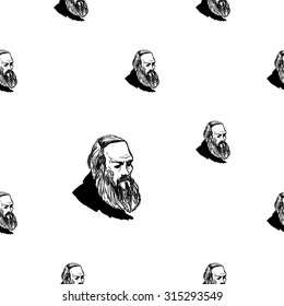 Background with hand drawing inky portraits of the great Russian writers: Dostoevsky. Vector seamless pattern. Ornament with a literary motif.