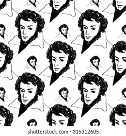 Background with hand drawing inky portraits of the great Russian writers: Pushkin. Vector seamless pattern. Ornament with a literary motif.