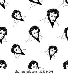 Background with hand drawing inky portraits of the great Russian writers: Pushkin. Vector seamless pattern. Ornament with a literary motif.