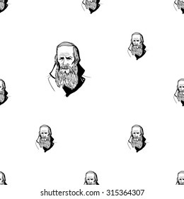 Background with hand drawing inky portraits of the great Russian writers: Dostoevsky. Vector seamless pattern. Ornament with a literary motif.