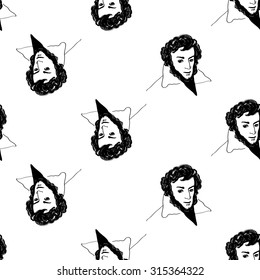 Background with hand drawing inky portraits of the great Russian writers: Pushkin. Vector seamless pattern. Ornament with a literary motif.