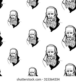 Background with hand drawing inky portraits of the great Russian writers: Dostoevsky. Vector seamless pattern. Ornament with a literary motif.
