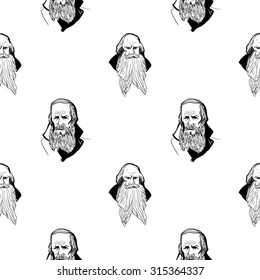 Background with hand drawing inky portraits of the great Russian writers: Tolstoy, Dostoevsky, Pushkin. Vector seamless pattern. Ornament with a literary motif.