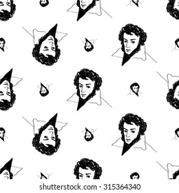 Background with hand drawing inky portraits of the great Russian writers: Pushkin. Vector seamless pattern. Ornament with a literary motif.