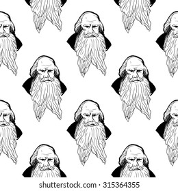 Background with hand drawing inky portraits of the great Russian writers: Tolstoy. Vector seamless pattern. Ornament with a literary motif.
