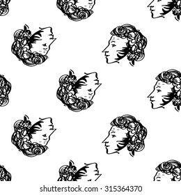 Background with hand drawing inky portraits of the great Russian writers: Pushkin. Vector seamless pattern. Ornament with a literary motif.