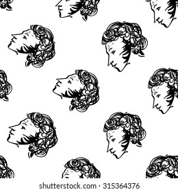 Background with hand drawing inky portraits of the great Russian writers: Pushkin. Vector seamless pattern. Ornament with a literary motif.