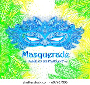 Background with hand drawn blue carnival mask and yellow and green branches silhouette. Vector isolated illustration. Design of poster, flyer, invitation card for night party, festival, disco.