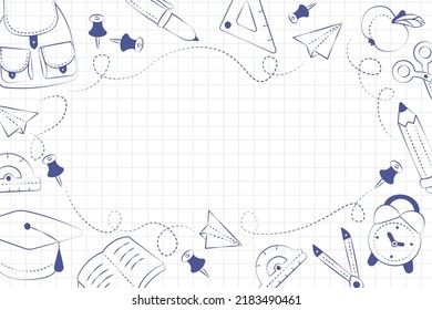background hand drawn blue ink school supplies vector