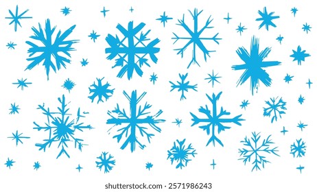 Background with hand drawn blue snowflakes, set of snowflakes of different shapes and sizes, New Year concept, winter snowflakes made with wide brush, Christmas hand drawn white snow print for print