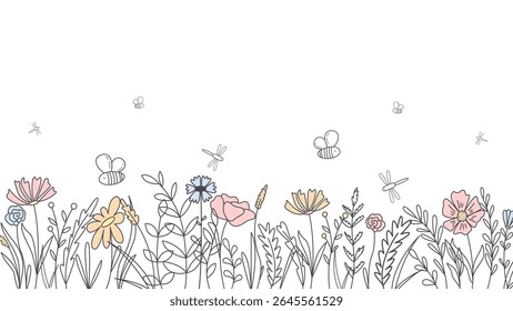 Fundo desenhado à mão flores e ervas selvagens botânicas
