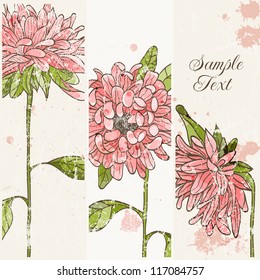 Background with hand drawn chrysanthemum and blots. EPS 10 vector illustration. All flowers available under clipping mask