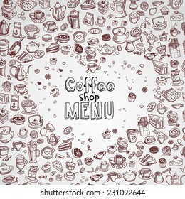 background with hand drawn coffee and confectionery, vector