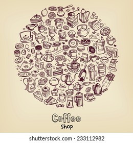 background with hand drawn coffee and confectionery, vector