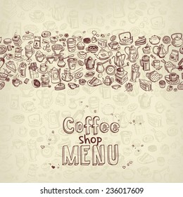 background with hand drawn coffee and confectionery, vector