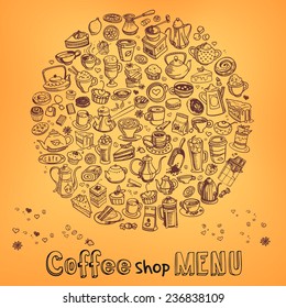background with hand drawn coffee and confectionery, vector