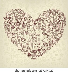 background with hand drawn coffee and confectionery, vector
