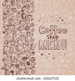 background with hand drawn coffee and confectionery, vector