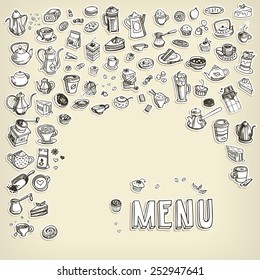 background with hand drawn coffee and confectionery, vector