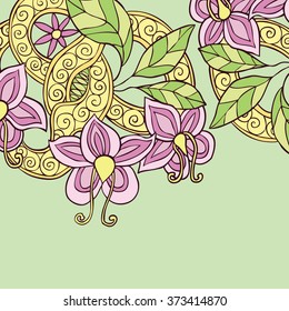 Background with hand drawn color doodle flowers, leafs and ribbon with swirl