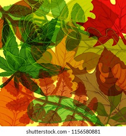 Background of hand drawn colorful autumn leaves. Natural pattern. Stock vector illustration.