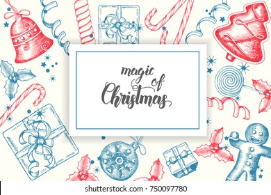 Background with hand drawn doodle Christmas objects and symbols. Greeting hand made quote "Magic of Christmas". Sketch. Lettering. Vector. Banner, poster, flyer, brochure.