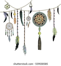 Background with hand drawn feathers and dreamcatcher, ethnic elements. Tribal theme. Vector Illustration.