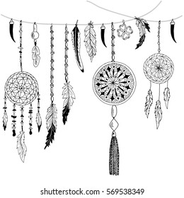Background with hand drawn feathers and dreamcatcher, ethnic elements. Tribal theme. Vector Illustration.