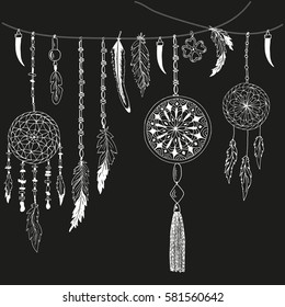Background with hand drawn feathers and dreamcatcher, ethnic elements. Tribal theme. Vector Illustration.