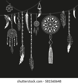 Background with hand drawn feathers and dreamcatcher, ethnic elements. Tribal theme. Vector Illustration.