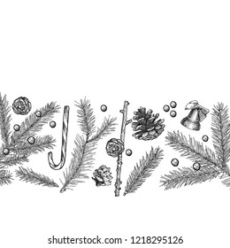 Background with hand drawn fir tree branch and cones. Place for text, congratulation. Christmas, New Year symbol.