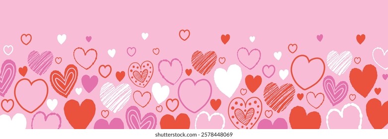 Background with hand drawn flying hearts. Banner design in cartoon style. Doodles. Concept for Valentine’s Day, Mother’s Day and Women’s Day. Vector illustration