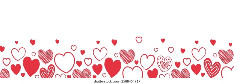 Background with hand drawn flying hearts. Banner design in cartoon style. Doodles. Concept for Valentine’s Day, Mother’s Day and Women’s Day. Vector illustration