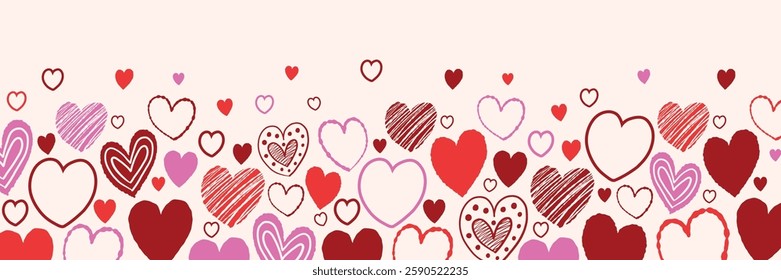 Background with hand drawn flying hearts. Banner design in cartoon style. Doodles. Concept for Valentine’s Day, Mother’s Day and Women’s Day. Vector illustration