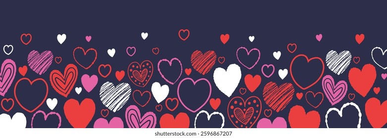 Background with hand drawn flying hearts. Banner design in cartoon style. Doodles. Concept for Valentine’s Day, Mother’s Day and Women’s Day. Vector illustration