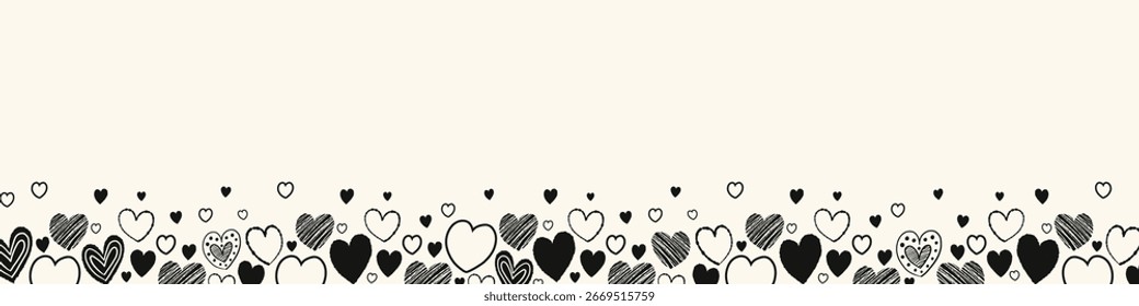Fundo com corações voadores desenhados à mão. Design de banner em estilo cartoon. Rabiscos. Conceito para o Dia dos Namorados, Dia das Mães e Dia da Mulher. Ilustração vetorial