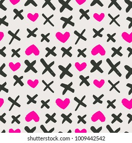 Background of hand drawn heart and cross. Valentine Day pattern.