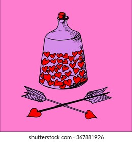 Background with hand drawn hearts and bottle. Doodling design.