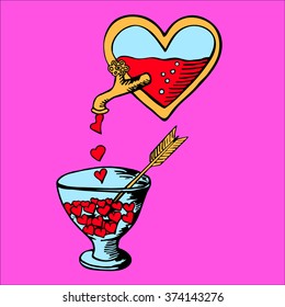 Background with hand drawn hearts and cup. Doodling design.
