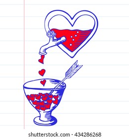  Background with hand drawn  hearts and cup. Doodling design. Love drink. Vector Illustration on striped paper.