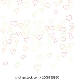 Background with hand drawn hearts. Cute simple pattern with falling hearts for Valentine decoration, cards, banners, posters. Vector holiday background. Romantic love motif. Falling confetti.