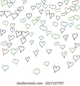Background with hand drawn hearts. Cute simple pattern with falling hearts for cards, posters, banners, Valentine decoration. Vector holiday background. Romantic love motif. Falling confetti.