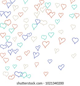 Background with hand drawn hearts. Cute simple pattern with falling hearts for Valentine decoration, cards, banners, posters. Vector holiday background. Romantic love motif. Falling confetti.