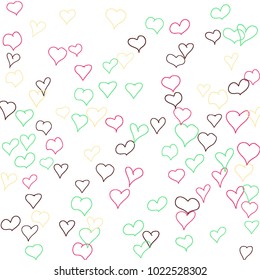 Background with hand drawn hearts. Cute simple pattern with falling hearts for Valentine cards, posters, banners. Vector holiday background. Romantic love motif. Falling confetti.
