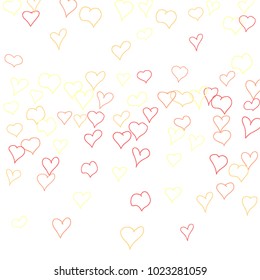 Background with hand drawn hearts. Cute simple pattern with falling hearts for Valentine decoration, cards, banners, posters. Vector holiday background. Romantic love motif. Falling confetti.