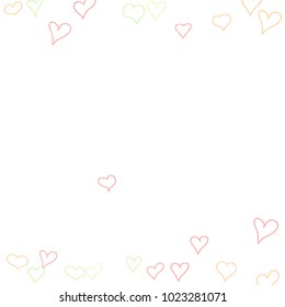 Background with hand drawn hearts. Cute simple pattern with falling hearts for Valentine decoration, cards, banners, posters. Vector holiday background. Romantic love motif. Falling confetti.