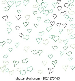 Background with hand drawn hearts. Cute simple pattern with falling hearts for Valentine decoration, cards, banners, posters. Vector holiday background. Romantic love motif. Falling confetti.