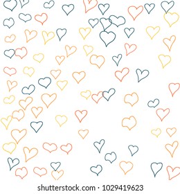 Background with hand drawn hearts. Cute simple pattern with falling hearts for Valentine cards, posters, banners. Vector holiday background. Romantic love motif. Falling confetti.